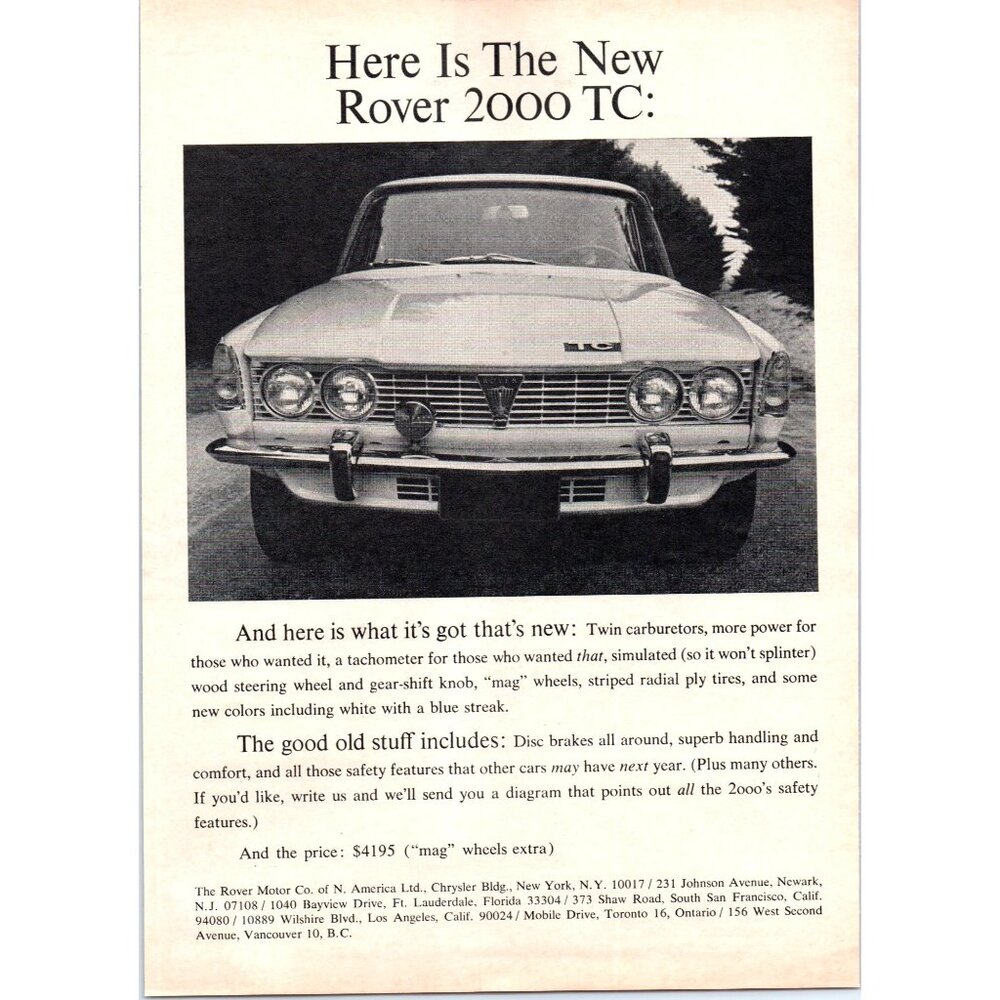 1966 Rover 2000 TC Sedan Vintage Print Ad Front Grill Headlight British Wall Art